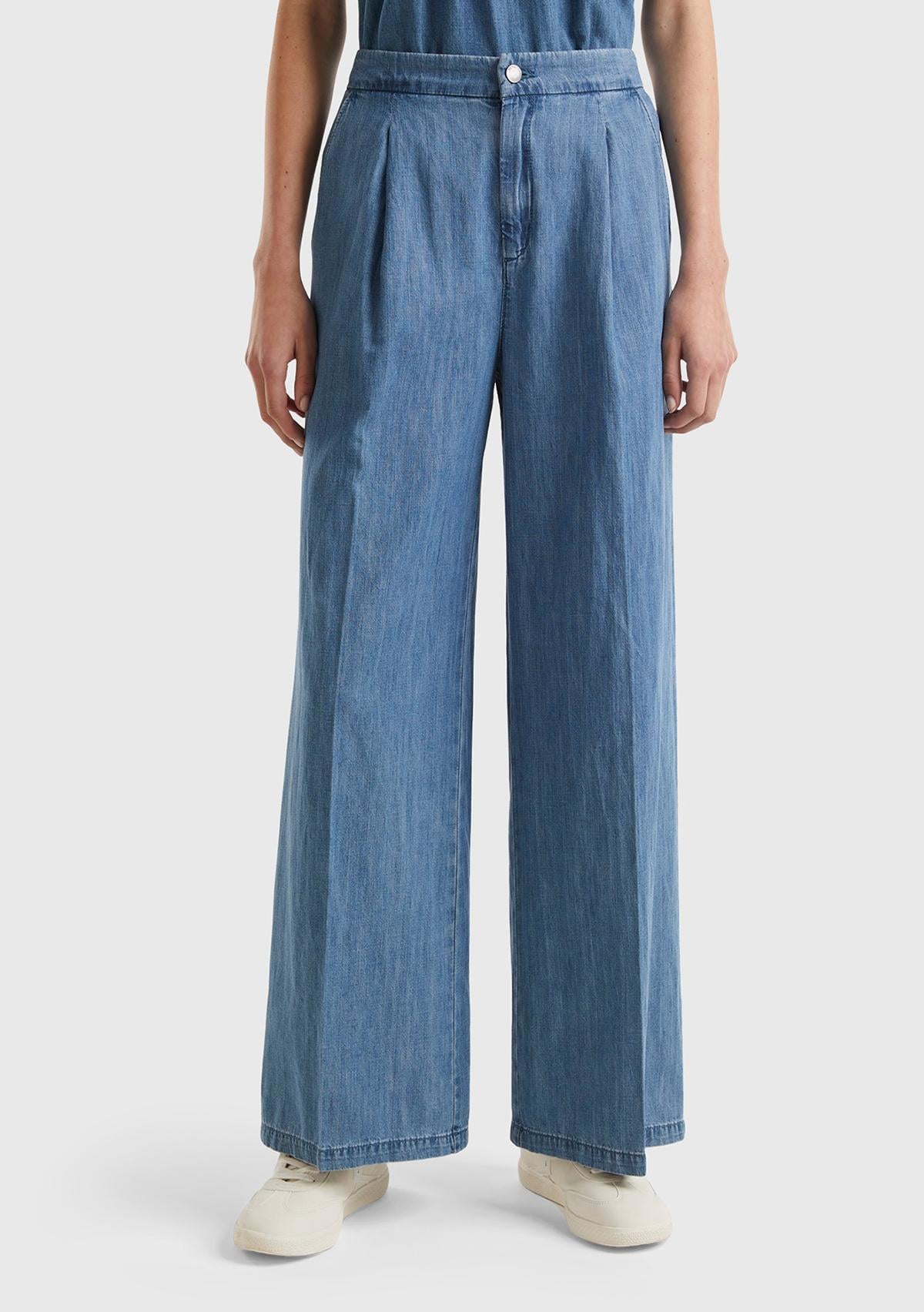  Kadın Mavi Pamuk Karışımlı Önü Pileli Beli Büzgülü Fermuarlı Pantolon