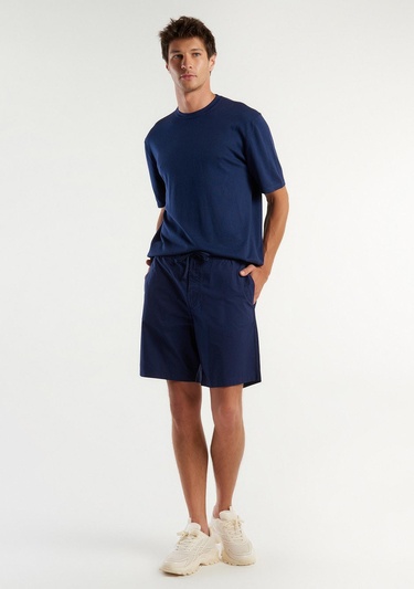  Erkek Koyu Lacivert %100 Pamuk 4 Cepli Beli Büzgülü İpli Kısa Şort