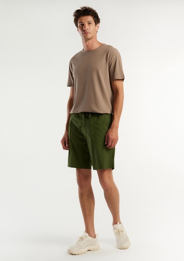  Erkek Koyu Yeşil %100 Pamuk 4 Cepli Beli Büzgülü İpli Kısa Şort