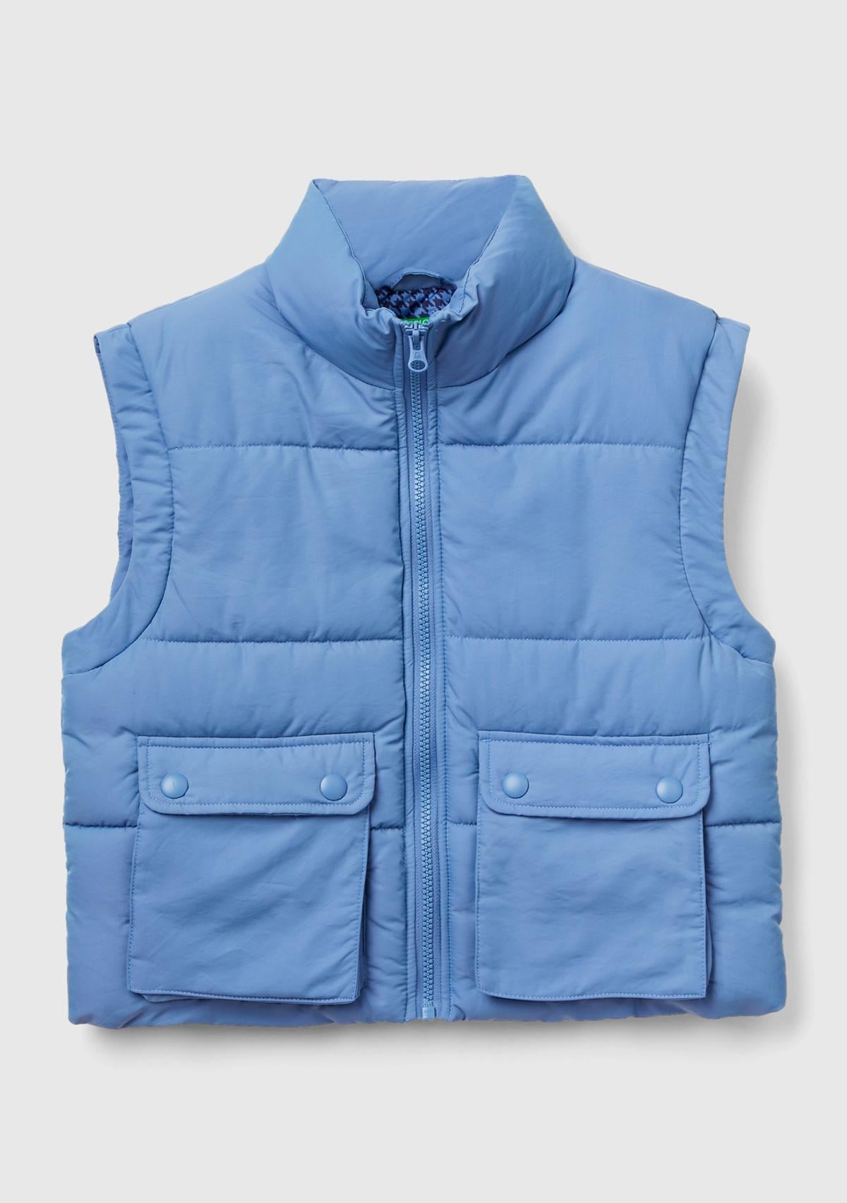  Erkek Çocuk Havacı Mavi Ceplerinde Düğme Detaylı Pufa Yelek
