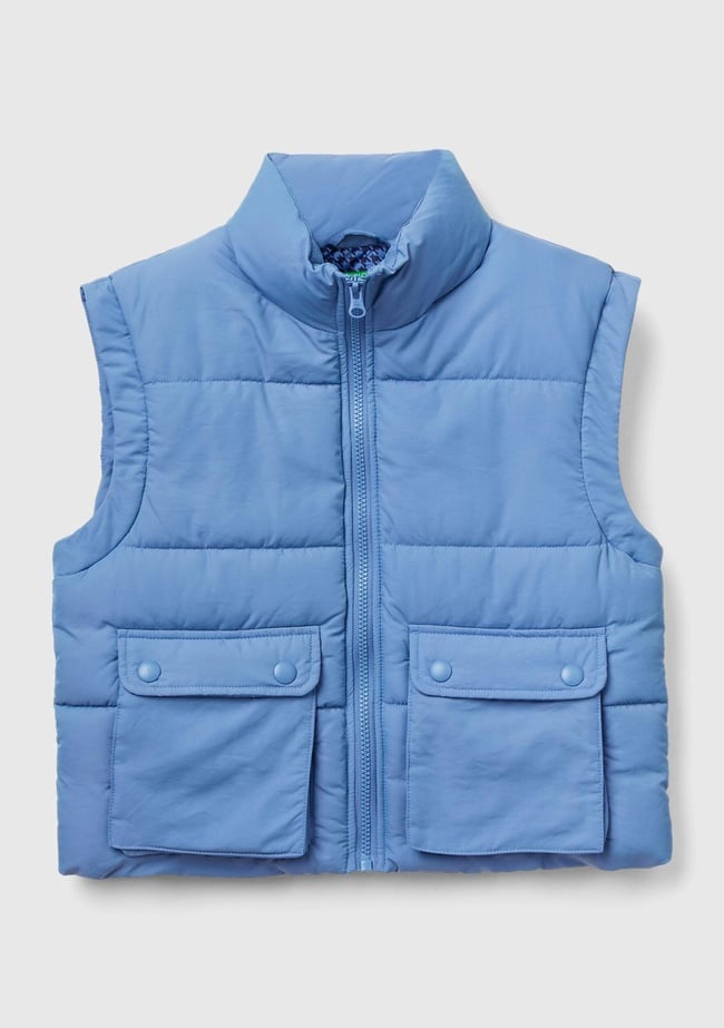  Erkek Çocuk Havacı Mavi Ceplerinde Düğme Detaylı Pufa Yelek