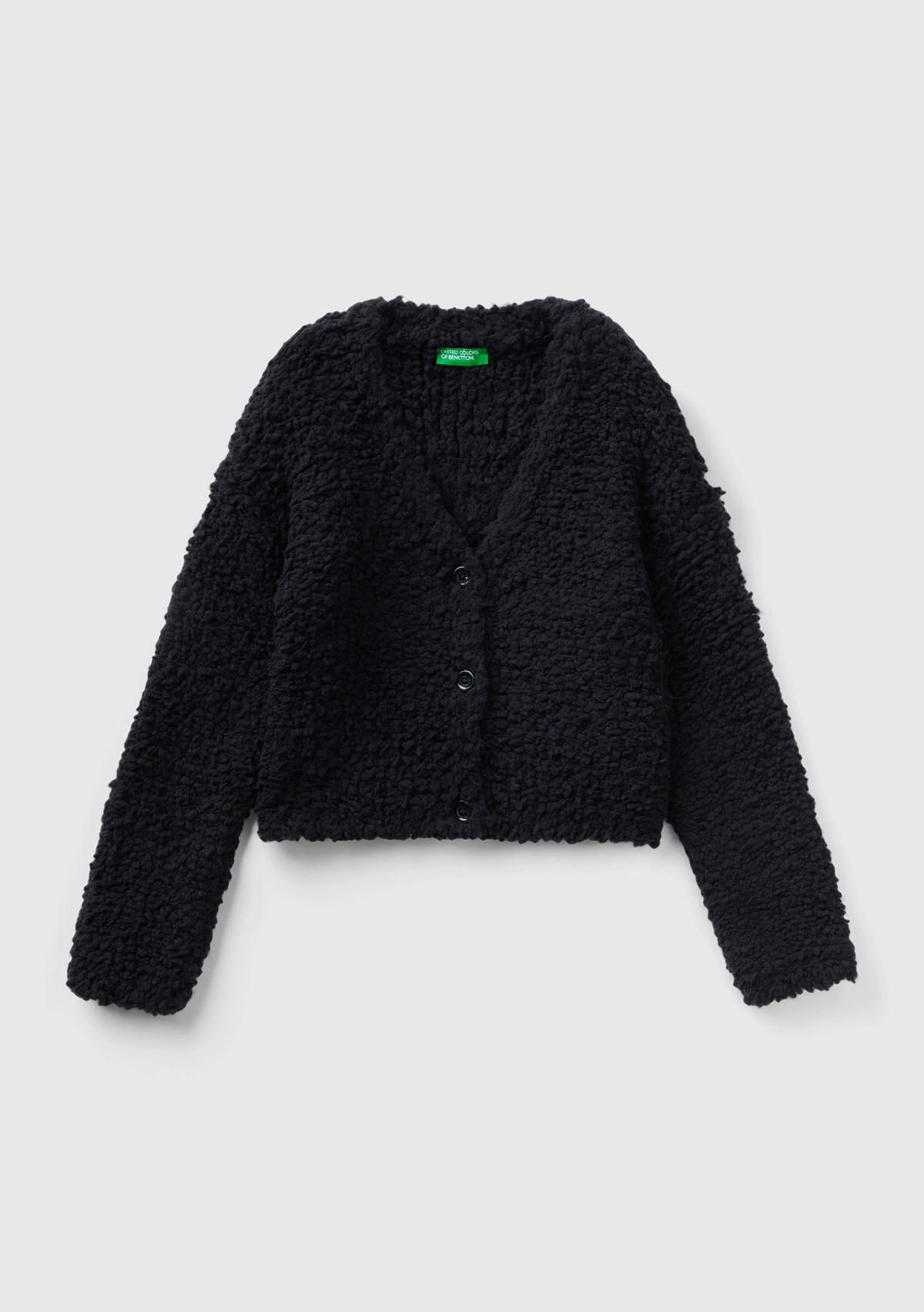  Kız Çocuk Siyah V Yaka Buklet Hırka