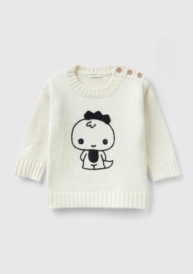  Bebek Ekru Omuzu Çıtçıtlı Hayvan Baskılı Sweatshirt