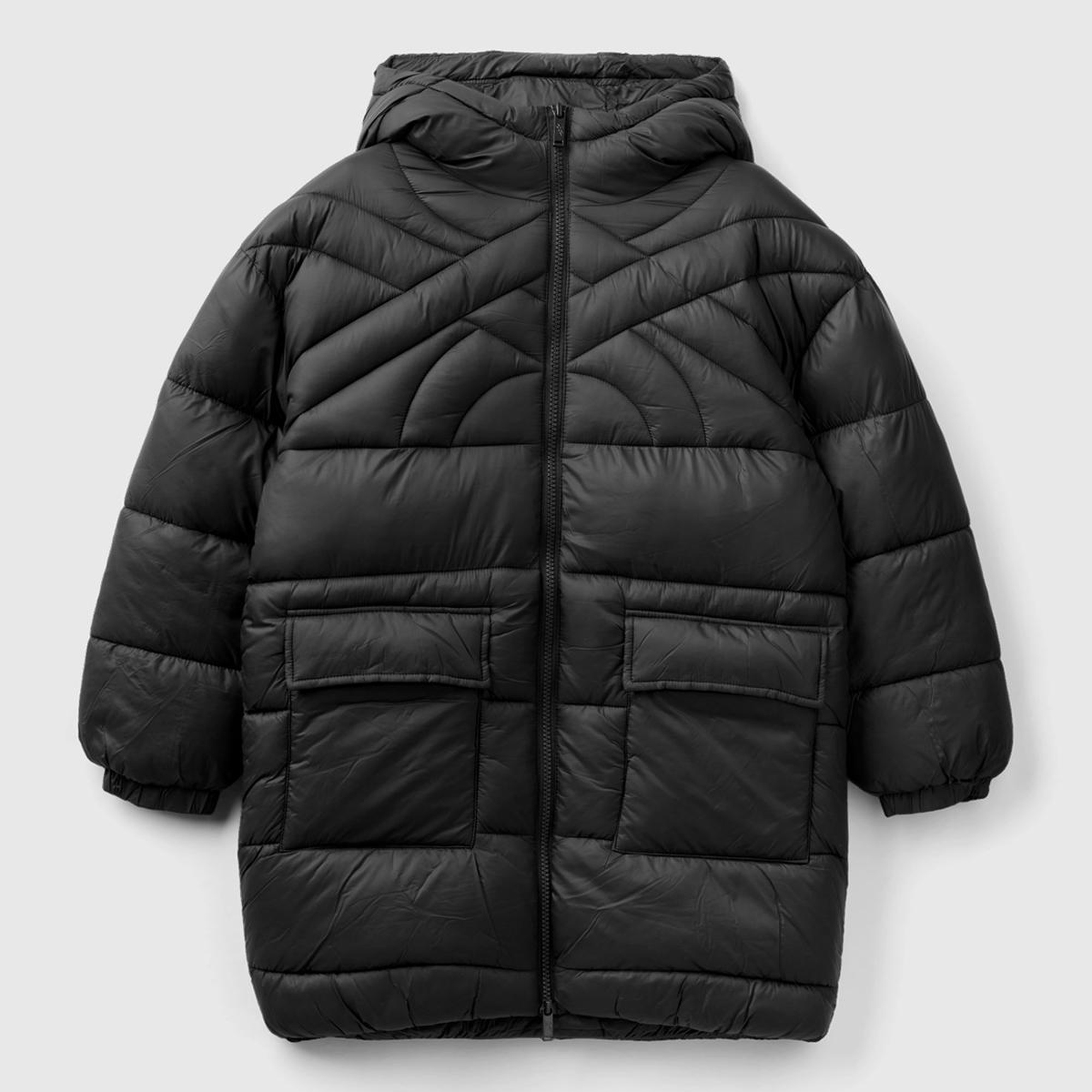 Erkek Çocuk Siyah Benetton Logo İşlemeli Uzun Mont