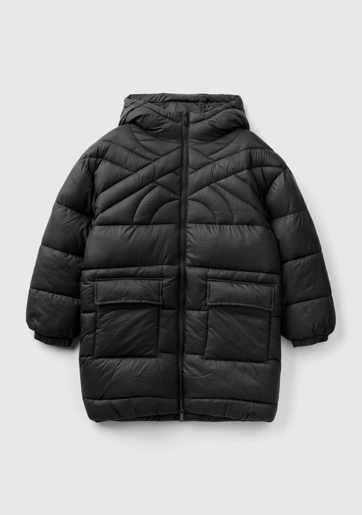  Erkek Çocuk Siyah Benetton Logo İşlemeli Uzun Mont