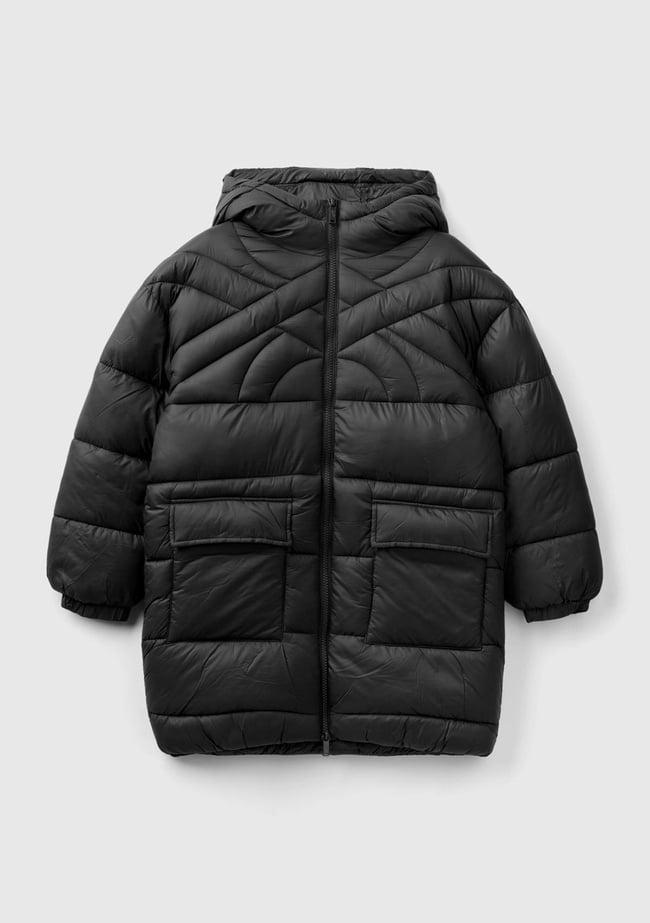  Erkek Çocuk Siyah Benetton Logo İşlemeli Uzun Mont