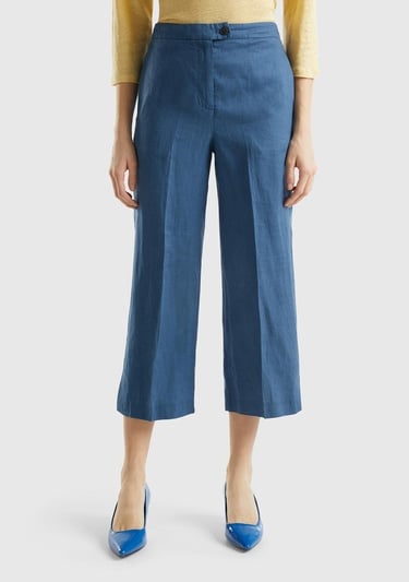  Kadın Gece Mavisi %100 Keten Düğmeli Yüksek Bel  Paçası Yırtmaçlı Pantolon