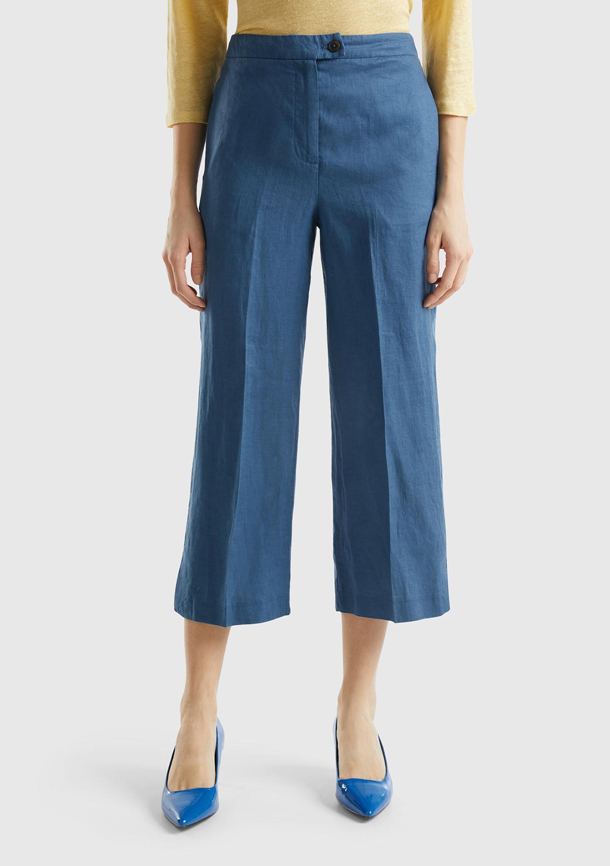  Kadın Gece Mavisi %100 Keten Düğmeli Yüksek Bel  Paçası Yırtmaçlı Pantolon