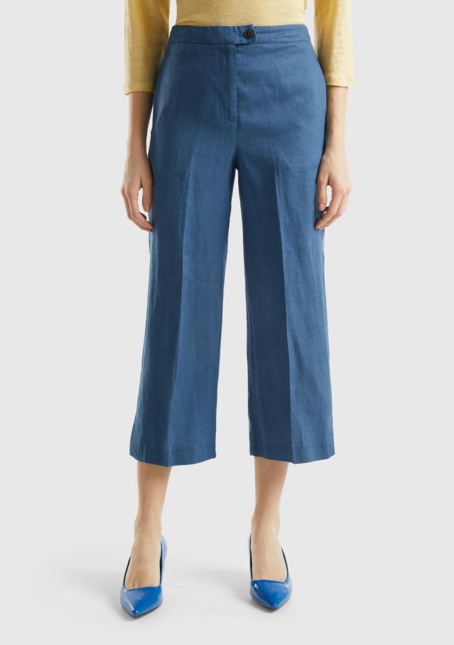  Kadın Gece Mavisi %100 Keten Düğmeli Yüksek Bel  Paçası Yırtmaçlı Pantolon