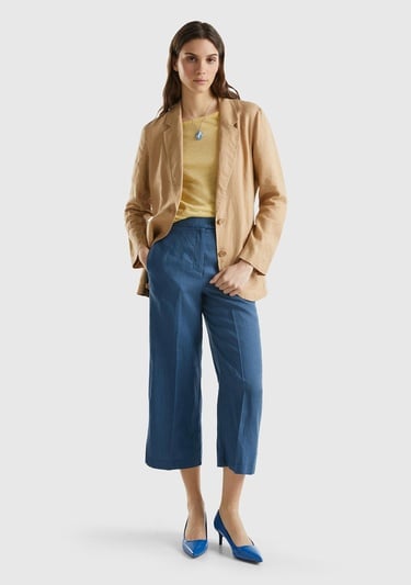  Kadın Gece Mavisi %100 Keten Düğmeli Yüksek Bel  Paçası Yırtmaçlı Pantolon