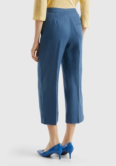  Kadın Gece Mavisi %100 Keten Düğmeli Yüksek Bel  Paçası Yırtmaçlı Pantolon