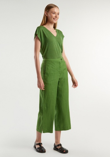  Kadın Soluk Yeşil %100 Keten Düğmeli Yüksek Bel  Paçası Yırtmaçlı Pantolon