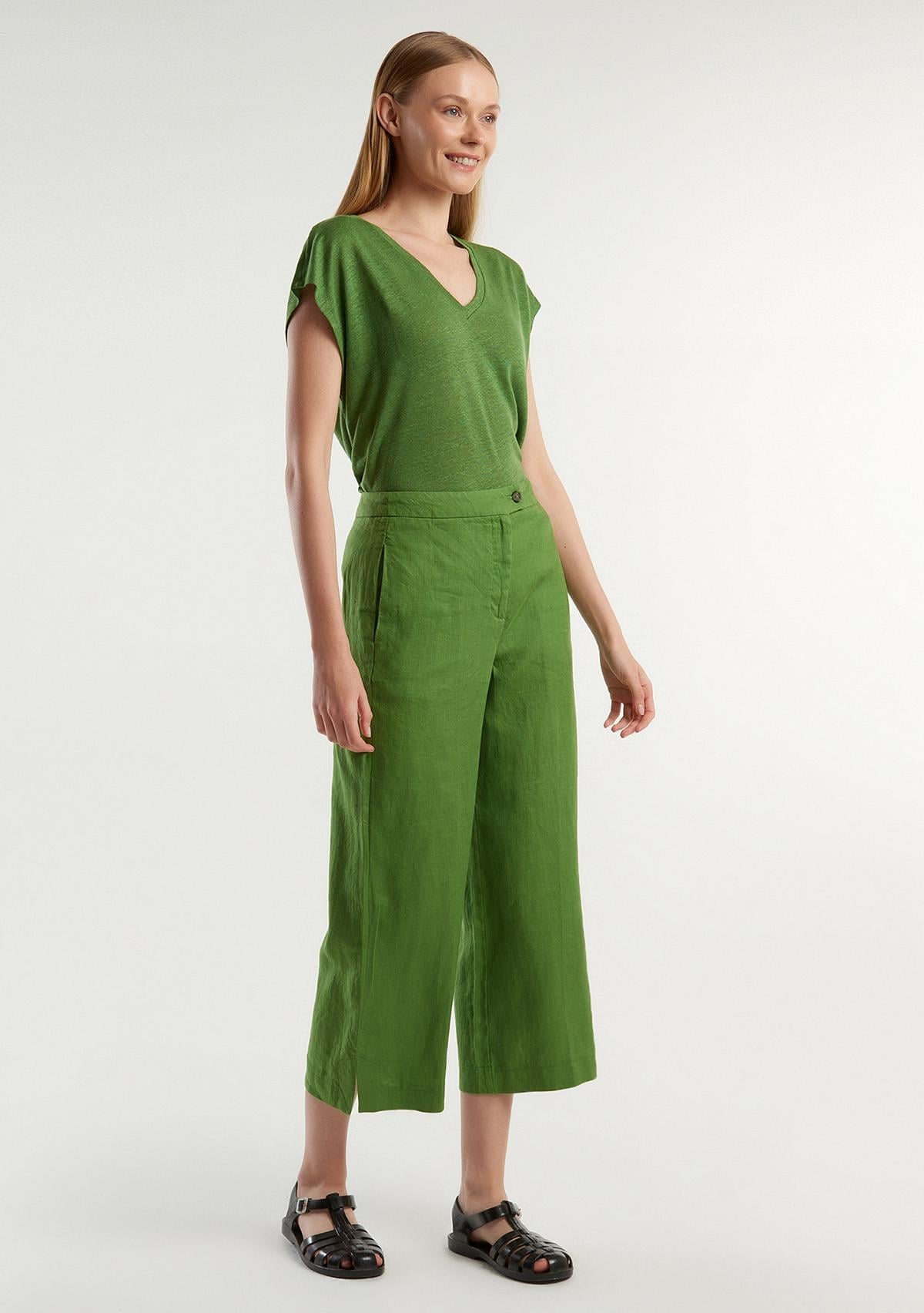  Kadın Soluk Yeşil %100 Keten Düğmeli Yüksek Bel  Paçası Yırtmaçlı Pantolon