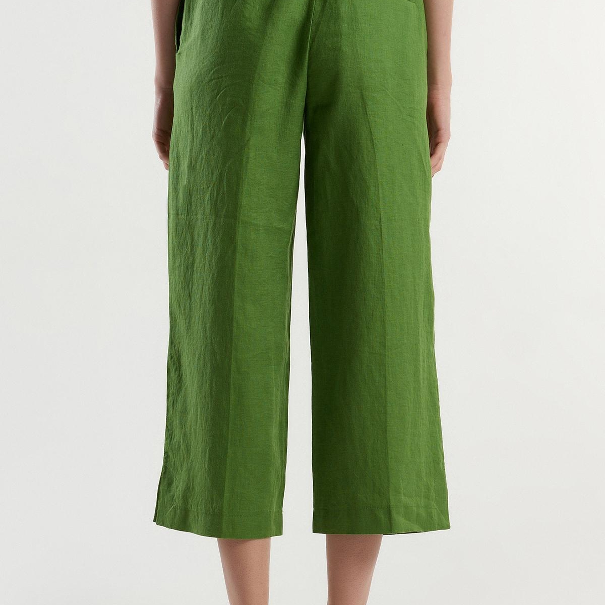 Kadın Soluk Yeşil %100 Keten Düğmeli Yüksek Bel  Paçası Yırtmaçlı Pantolon