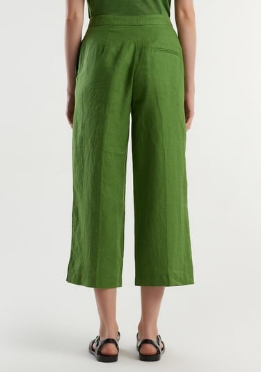  Kadın Soluk Yeşil %100 Keten Düğmeli Yüksek Bel  Paçası Yırtmaçlı Pantolon