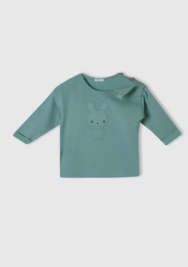  Bebek Su Yeşili Yaka Detaylı Hayvan Baskılı T-Shirt