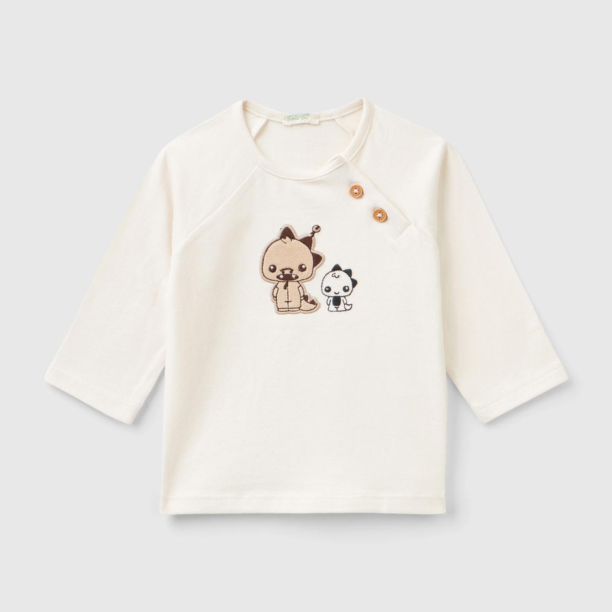 Bebek Krem Omzu Çıtçıtlı Hayvan Baskılı T-shirt