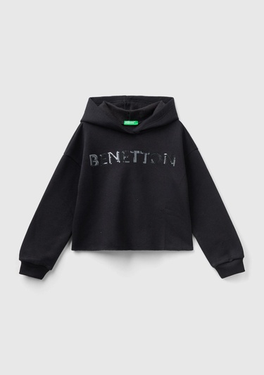  Kız Çocuk Siyah Slogan Baskılı Crop Sweatshirt