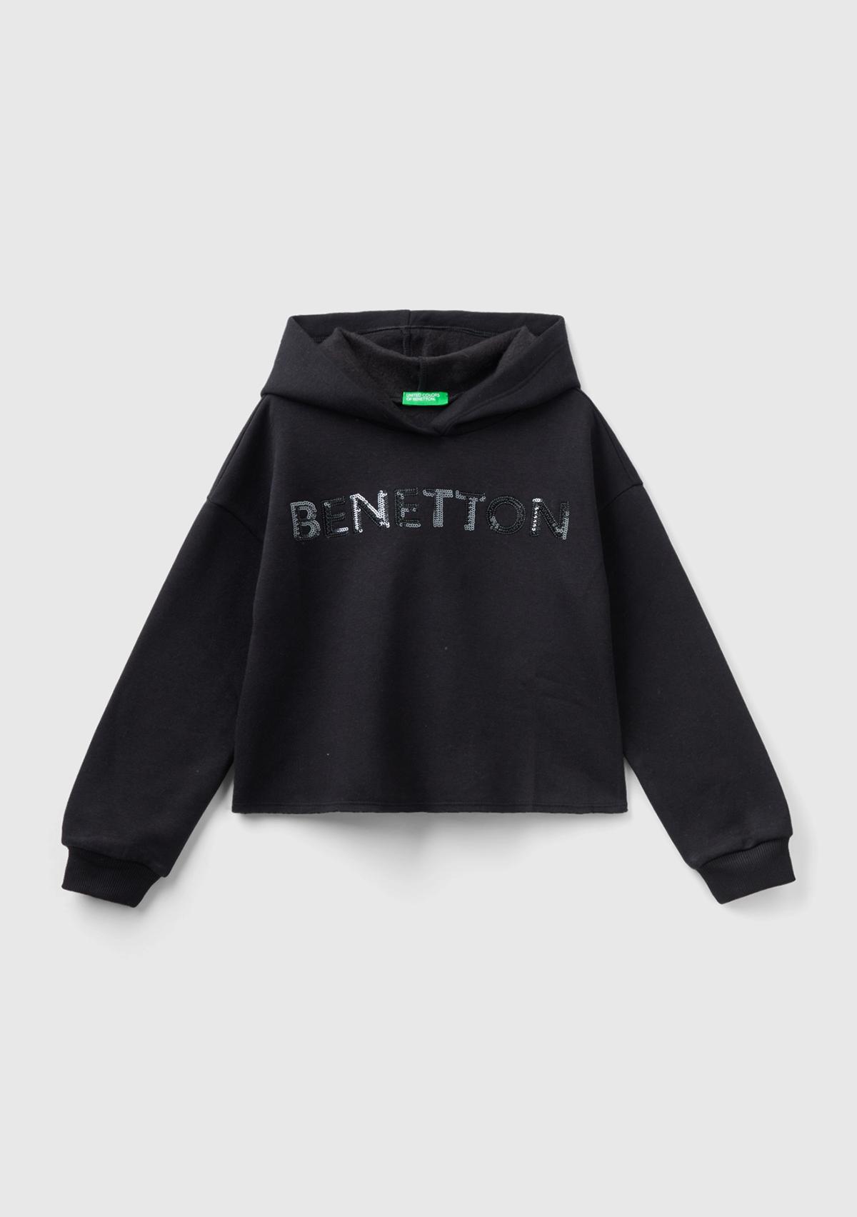  Kız Çocuk Siyah Slogan Baskılı Crop Sweatshirt