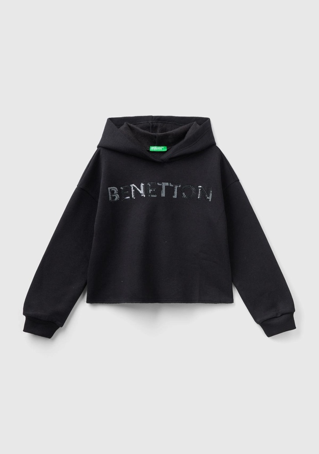  Kız Çocuk Siyah Slogan Baskılı Crop Sweatshirt