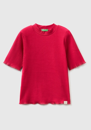  Kız Çocuk Fuşya Kolları ve Beli Fırfırlı T-Shirt