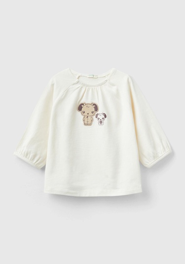  Bebek Krem Hayvan Baskılı Volanlı T-Shirt