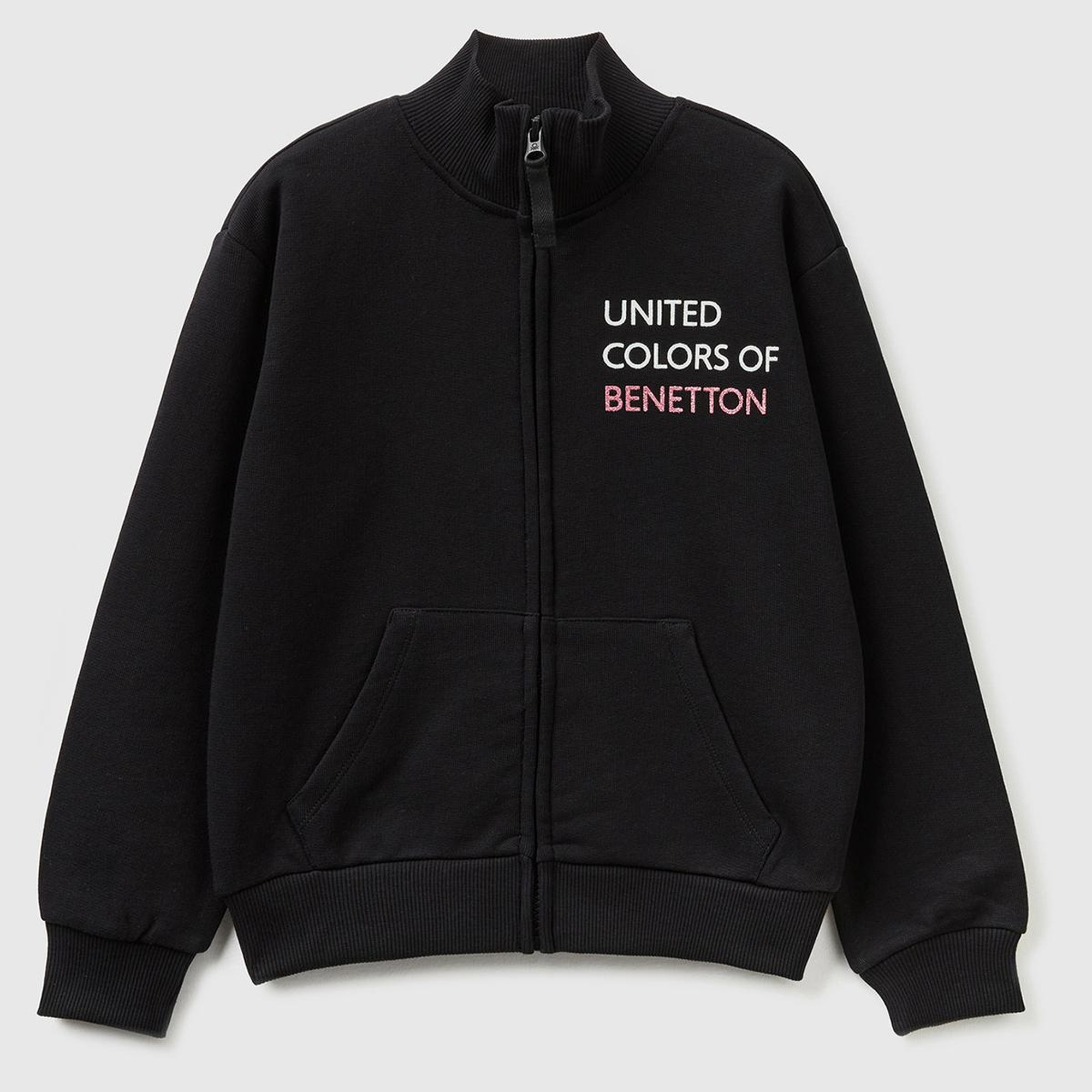 Kız Çocuk Siyah Slogan Baskılı Dik Yaka Sweatshirt