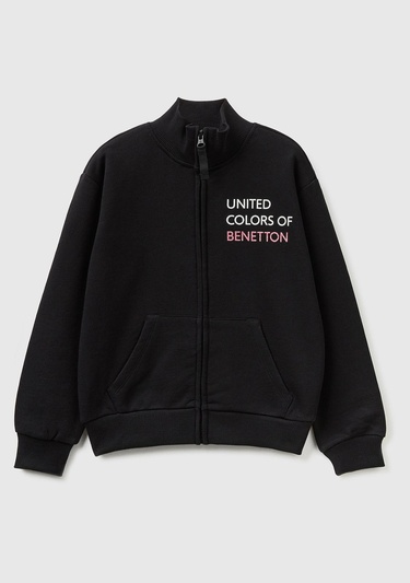  Kız Çocuk Siyah Slogan Baskılı Dik Yaka Sweatshirt