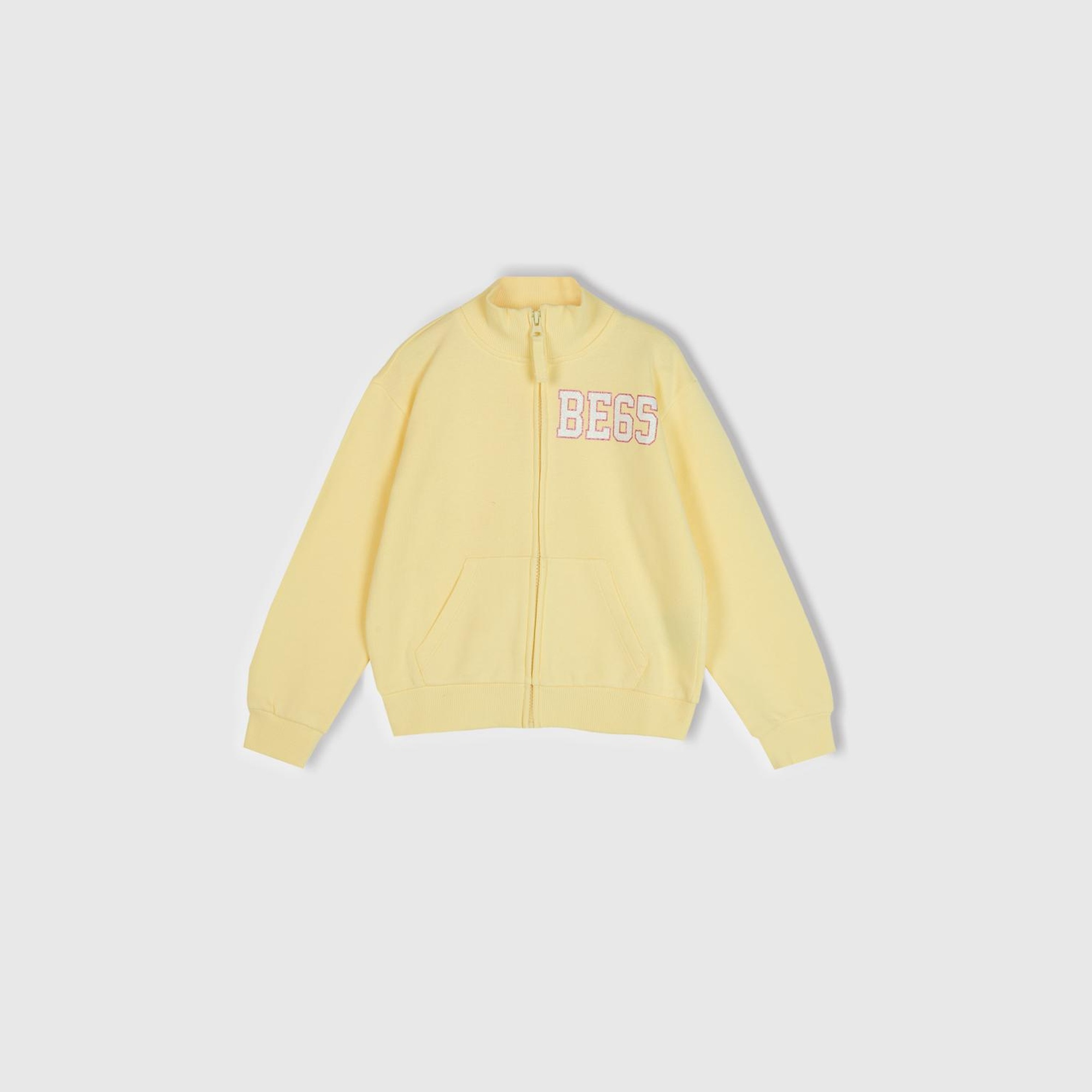 Kız Çocuk Açık Sarı Slogan Baskılı Dik Yaka Sweatshirt