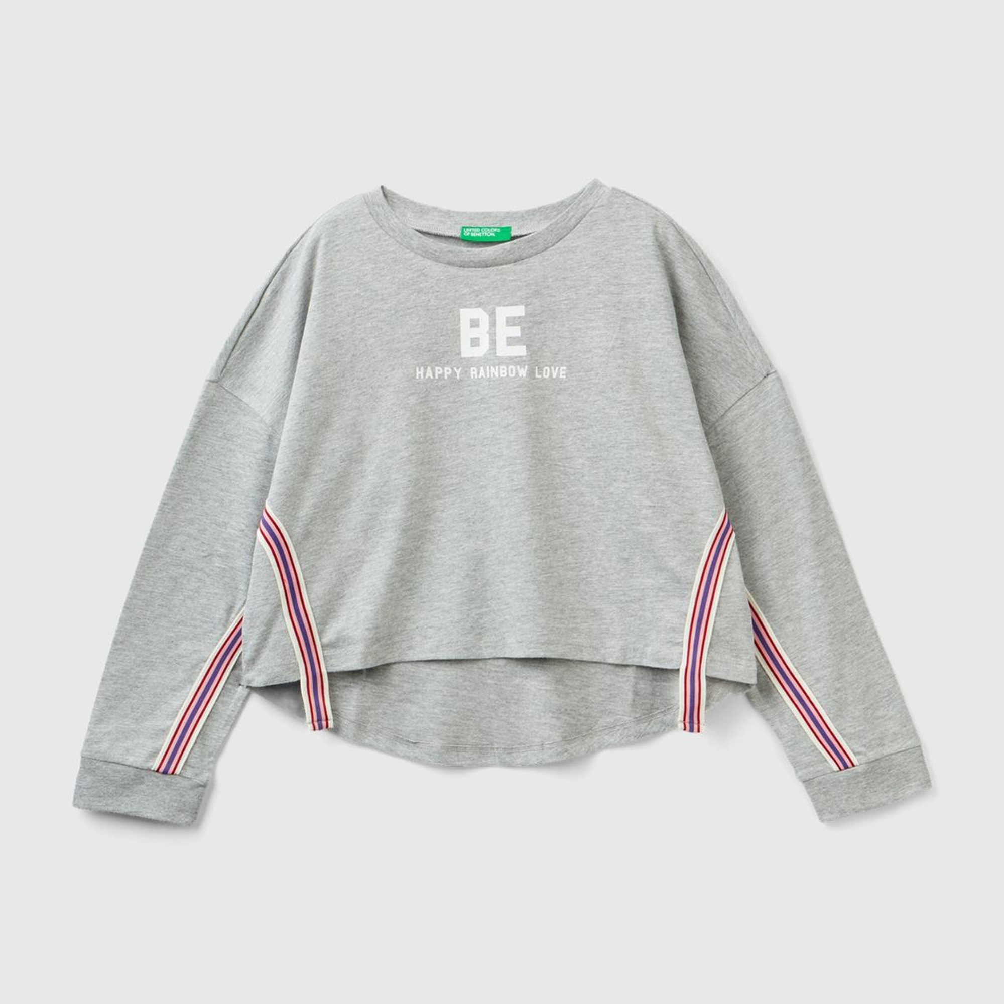 Kız Çocuk Gri Melanj Kolları Şerit Detaylı Crop T-Shirt