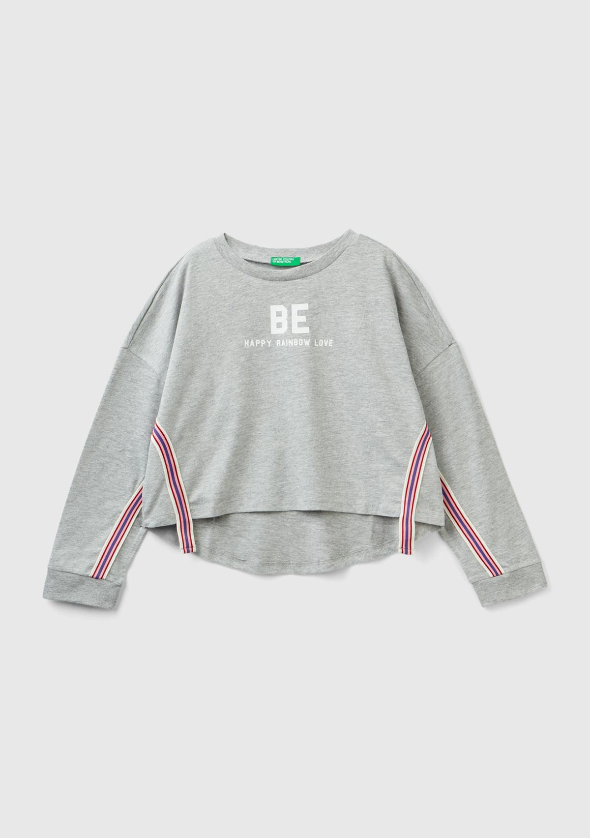  Kız Çocuk Gri Melanj Kolları Şerit Detaylı Crop T-Shirt