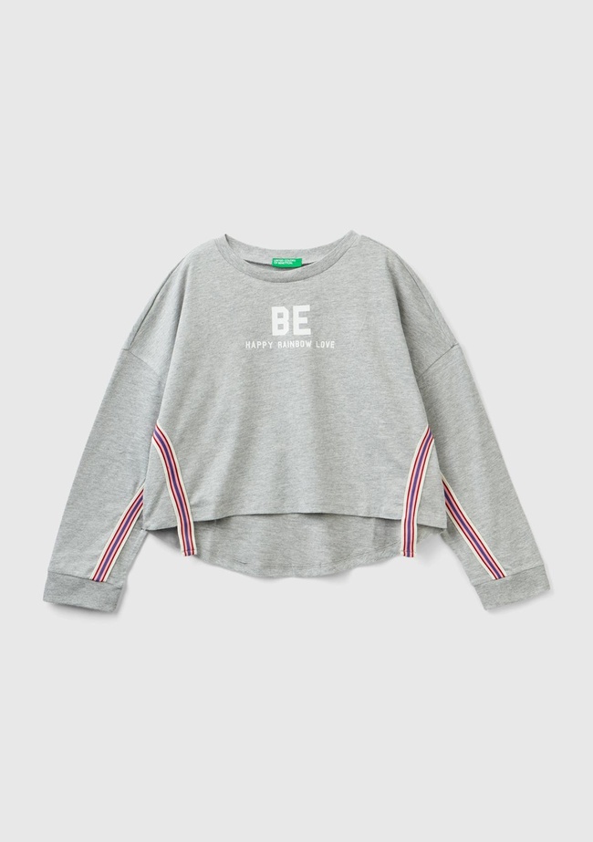  Kız Çocuk Gri Melanj Kolları Şerit Detaylı Crop T-Shirt