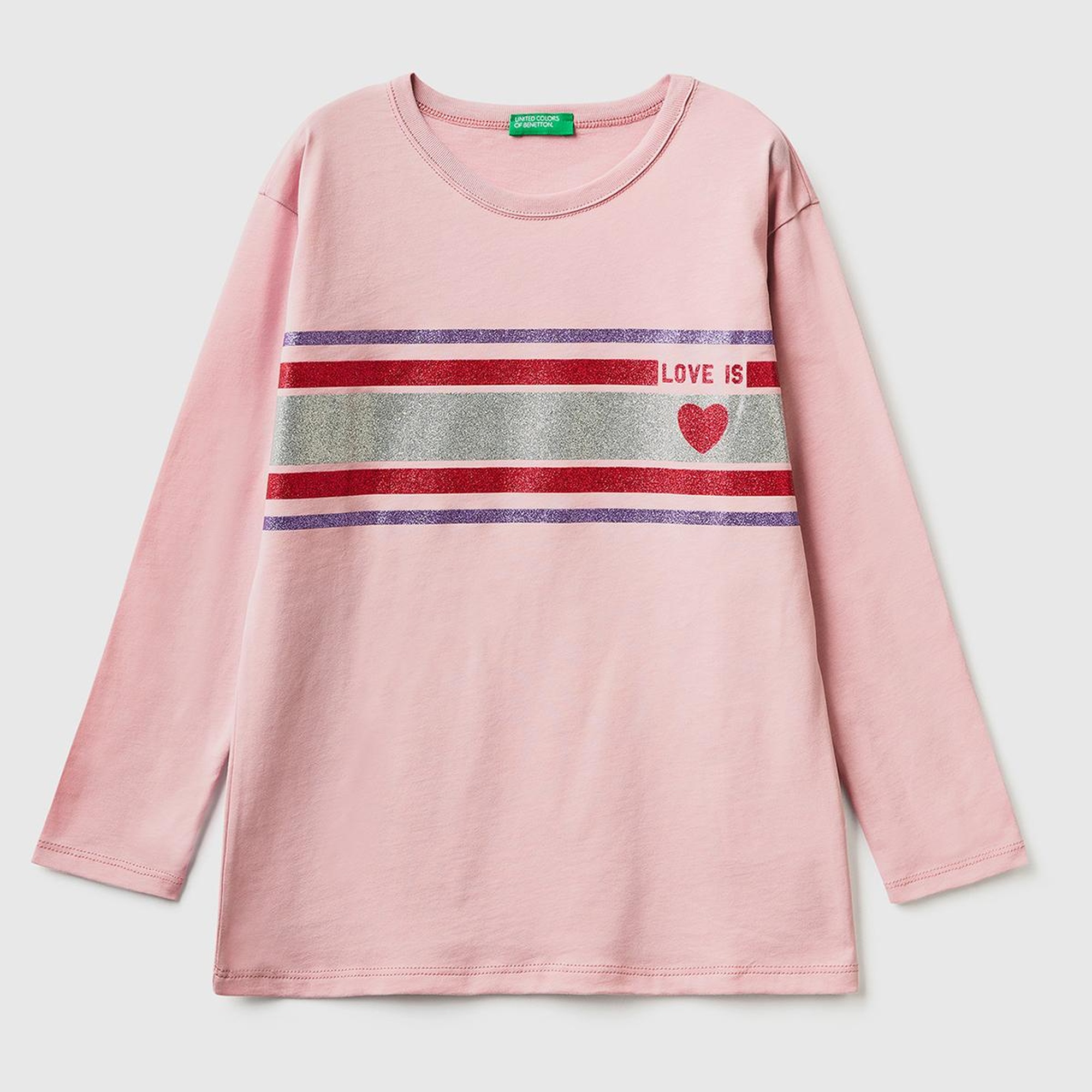 Kız Çocuk Gül Kurusu Göğsü Şerit Baskılı T-Shirt