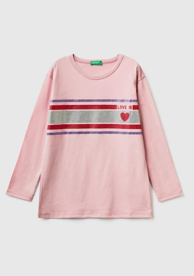  Kız Çocuk Gül Kurusu Göğsü Şerit Baskılı T-Shirt