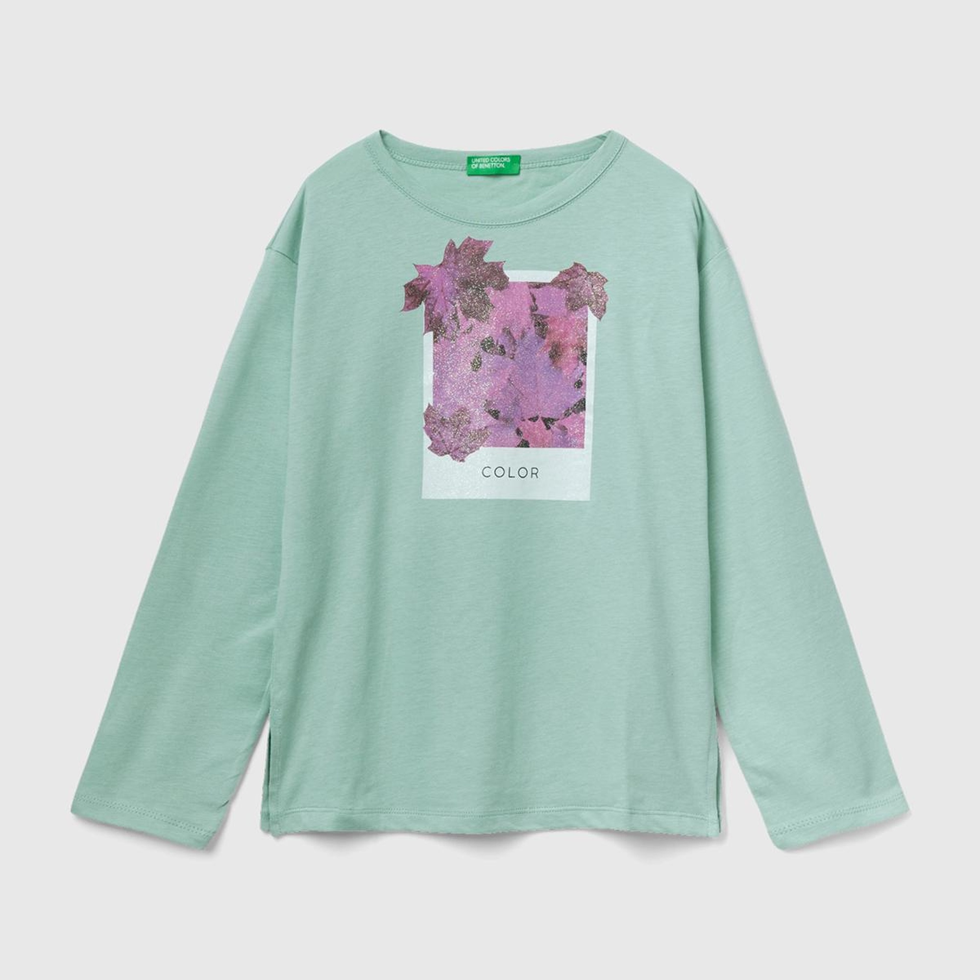 Kız Çocuk Su Yeşili Düşük Omuzlu Baskılı T-Shirt