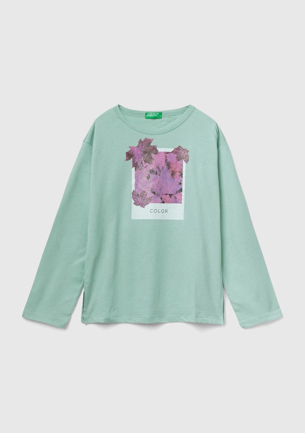  Kız Çocuk Su Yeşili Düşük Omuzlu Baskılı T-Shirt