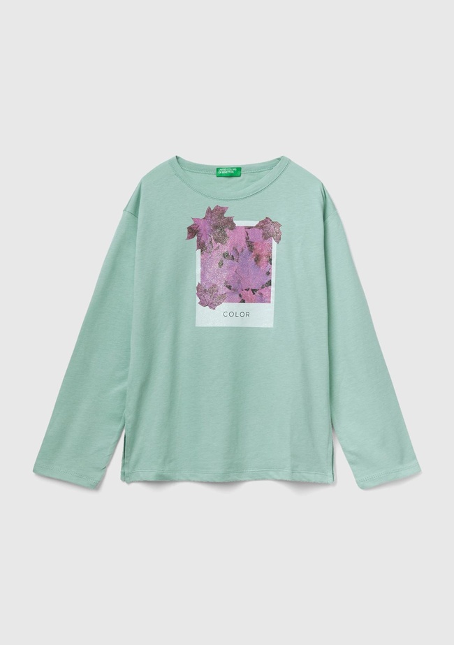  Kız Çocuk Su Yeşili Düşük Omuzlu Baskılı T-Shirt