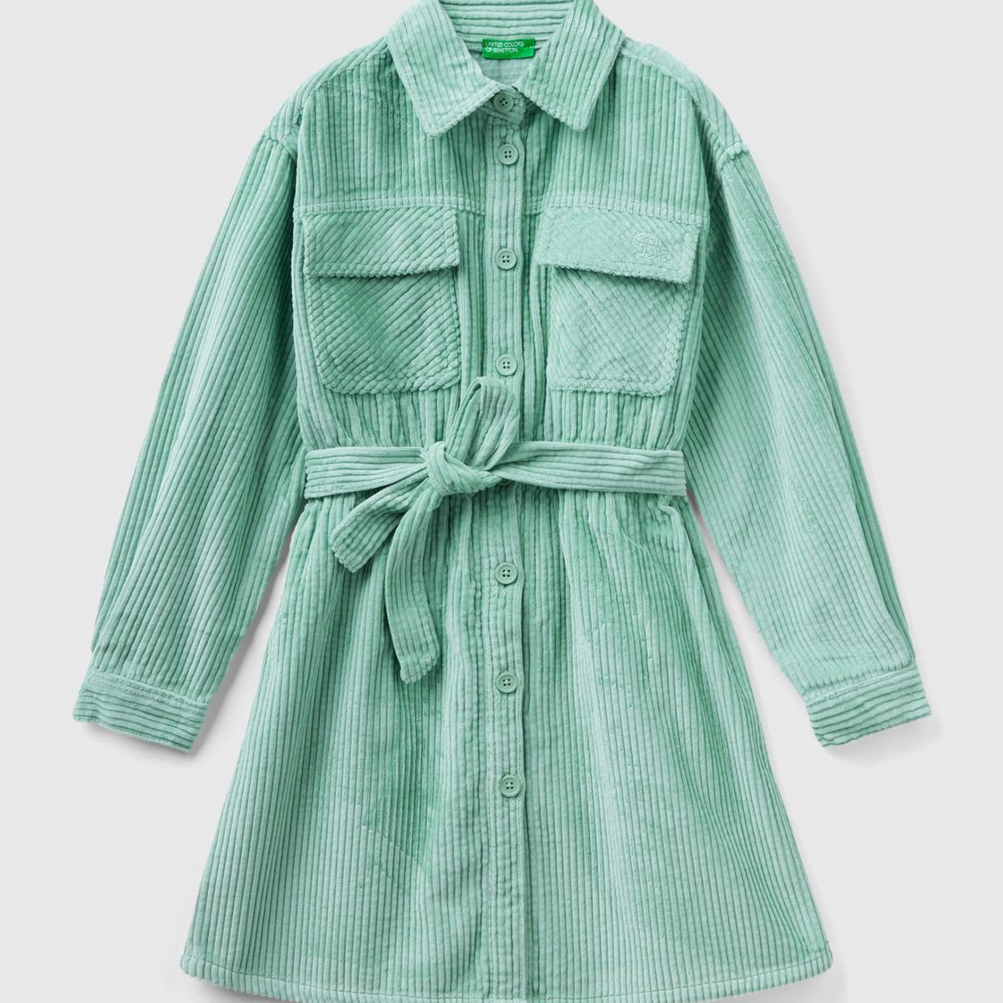 Kız Çocuk Su Yeşili Kemerli Kadife Elbise