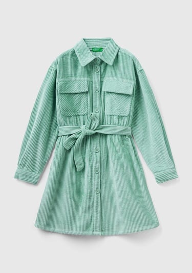  Kız Çocuk Su Yeşili Kemerli Kadife Elbise