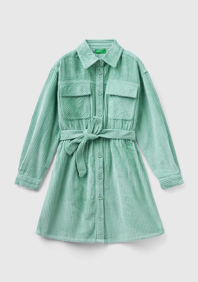  Kız Çocuk Su Yeşili Kemerli Kadife Elbise