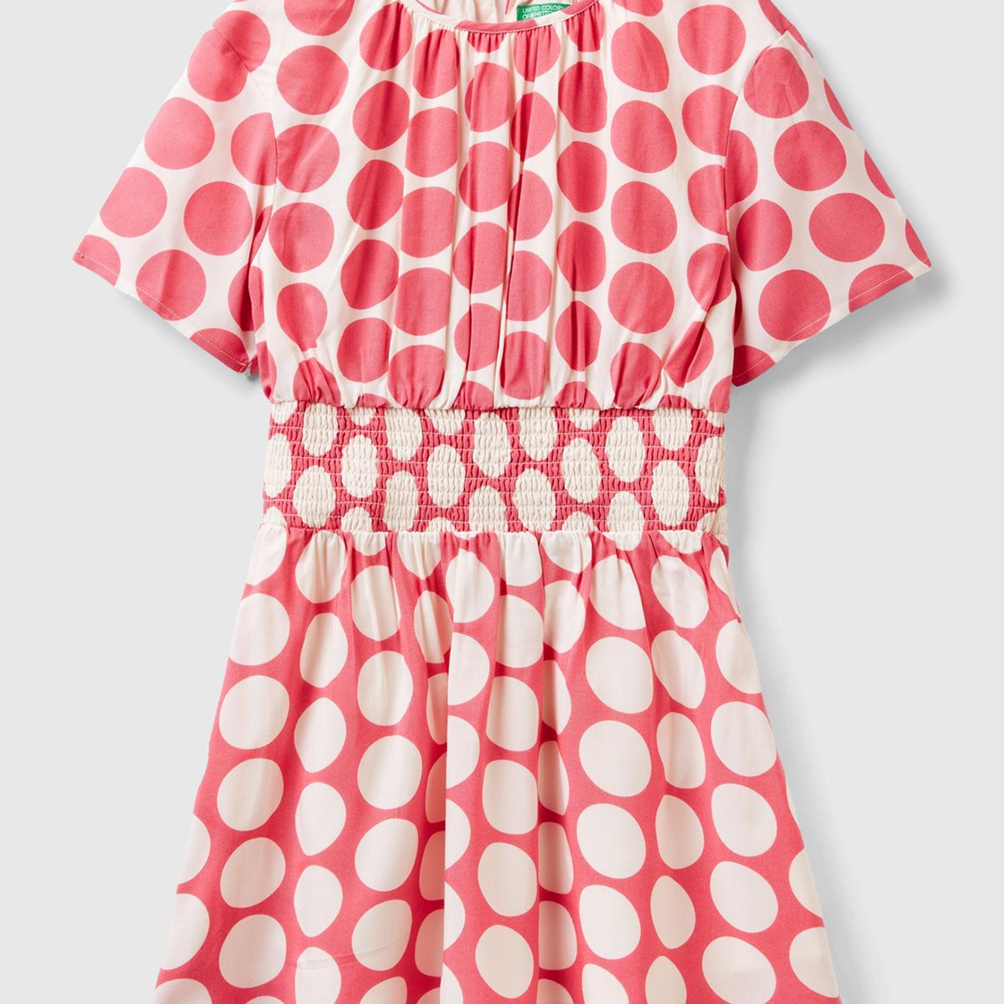 Kız Çocuk Pembe Beli Lastikli Puantiye Desenli Elbise