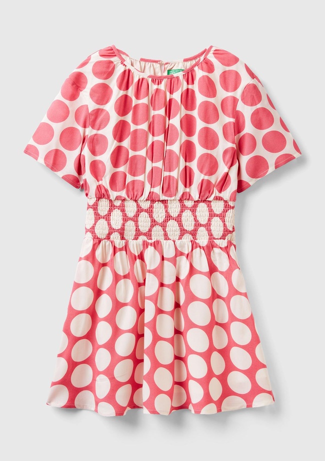  Kız Çocuk Pembe Beli Lastikli Puantiye Desenli Elbise