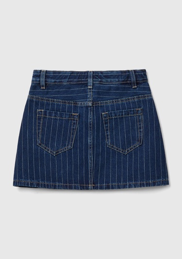 Kız Çocuk Koyu Denim Dikey Çizgili Denim Mini Etek