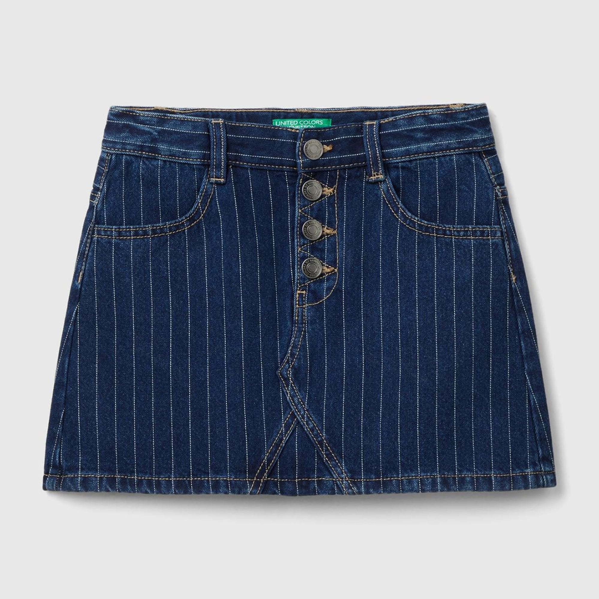 Kız Çocuk Koyu Denim Dikey Çizgili Denim Mini Etek