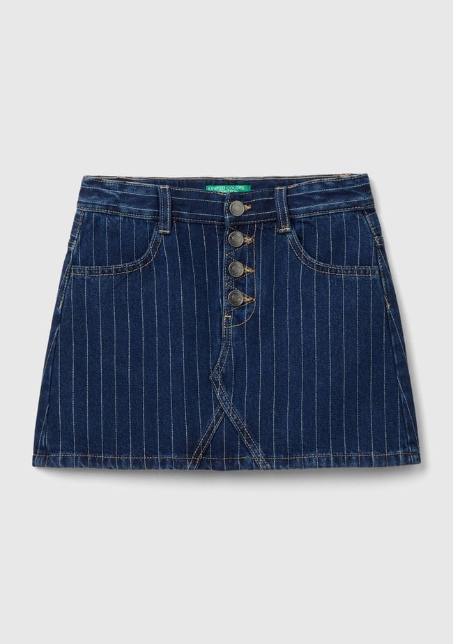  Kız Çocuk Koyu Denim Dikey Çizgili Denim Mini Etek