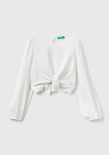  Kız Çocuk Krem Önü Bağlamalı Bluz