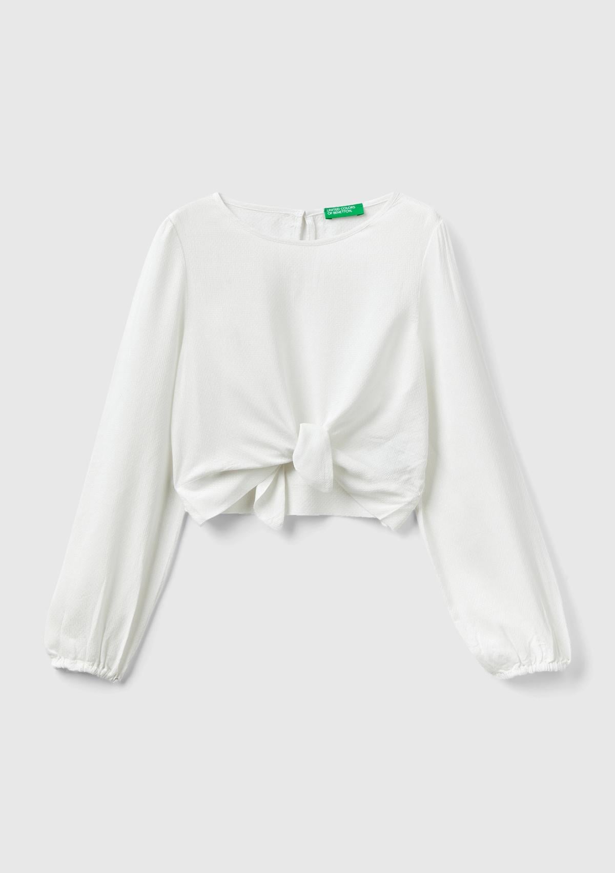  Kız Çocuk Krem Önü Bağlamalı Bluz