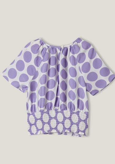  Kız Çocuk Lila Beli Lastikli Puantiye Desenli Bluz