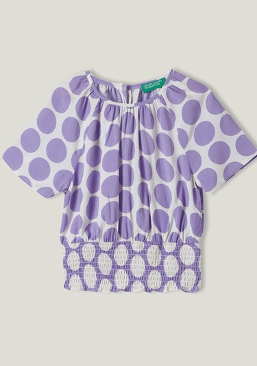  Kız Çocuk Lila Beli Lastikli Puantiye Desenli Bluz