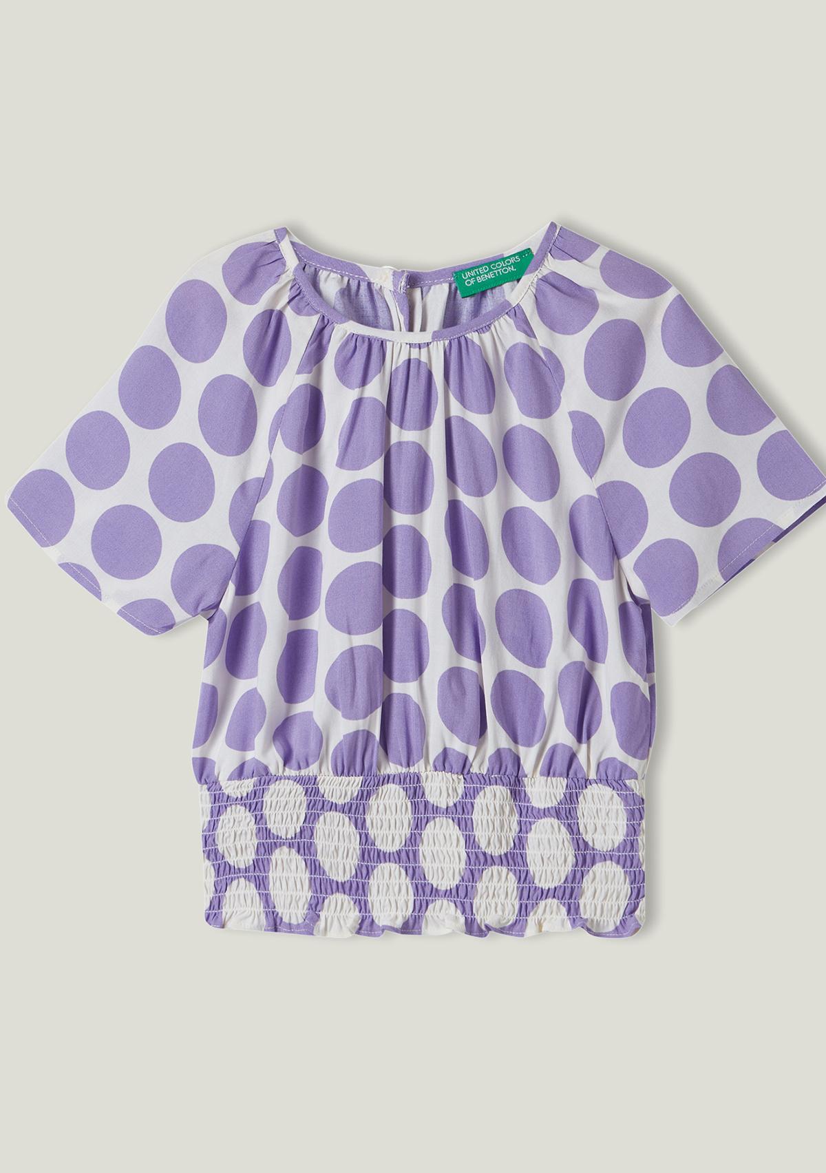  Kız Çocuk Lila Beli Lastikli Puantiye Desenli Bluz